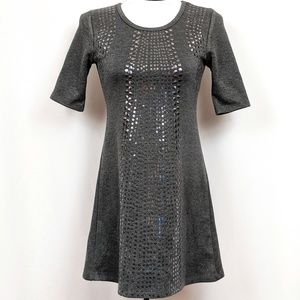 Elisa B. Mini Dress Sequinned Studded Short Sleeve Stretch Knit Gray y2k size 12
